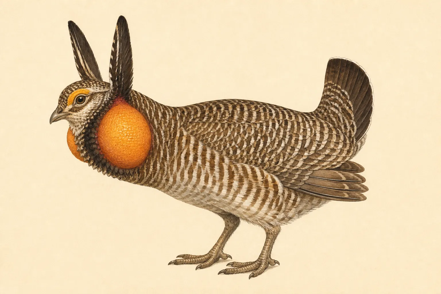 Field guide illustration of a Greater Prairie Chicken showing its key identification features