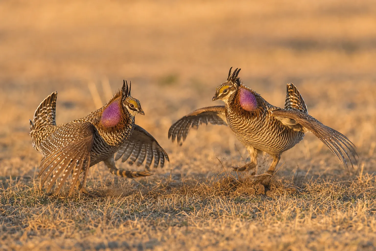 The dance: wings flat, feet drumming, first light on the lek.