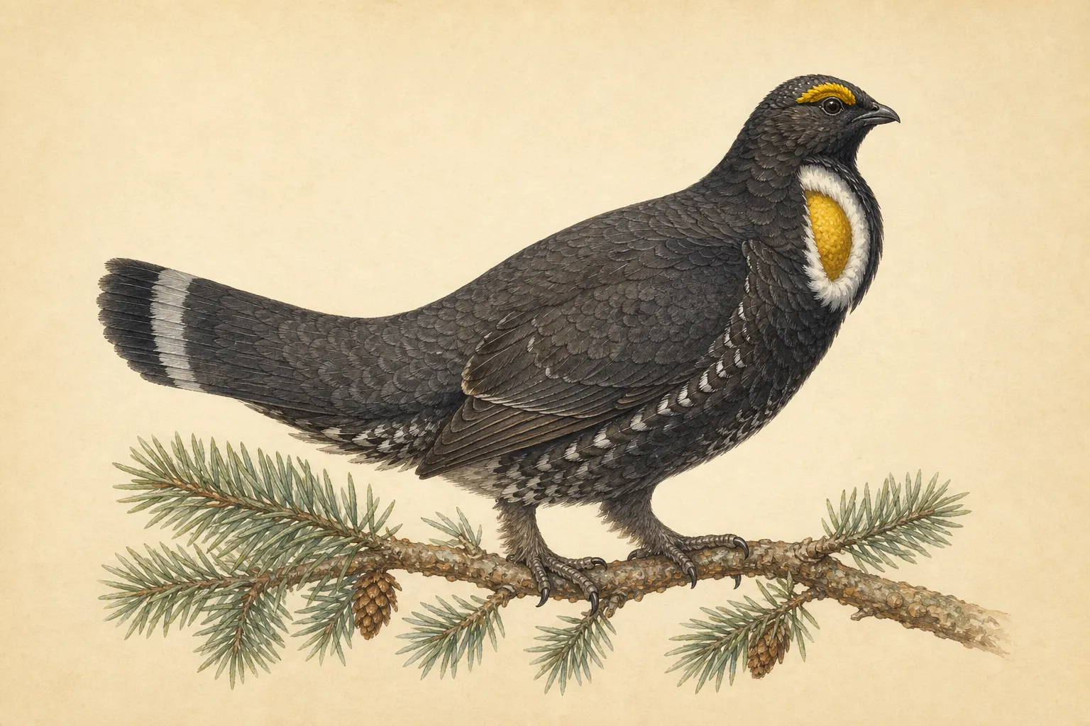 Field guide illustration of a Sooty Grouse showing its key identification features
